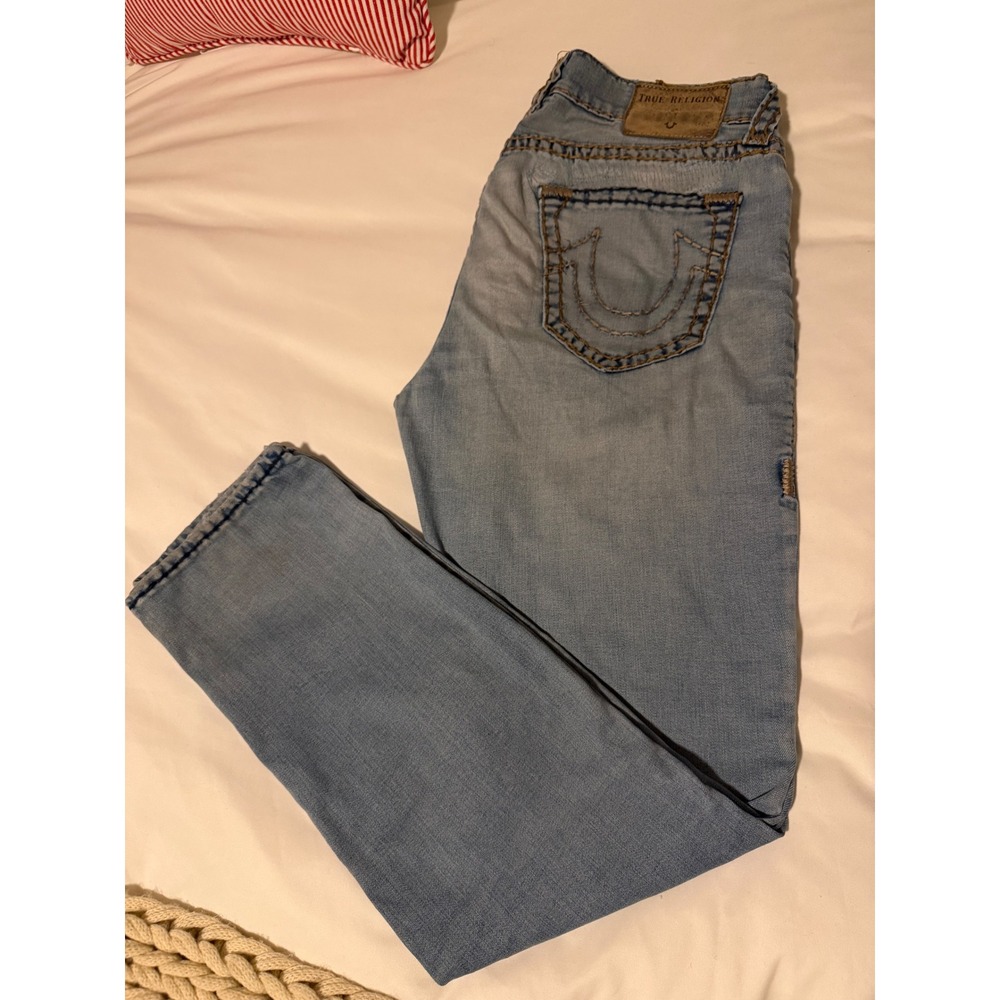 True Religion Jeans Mens Straight Leg Light Wash Distressed Denim Size 33